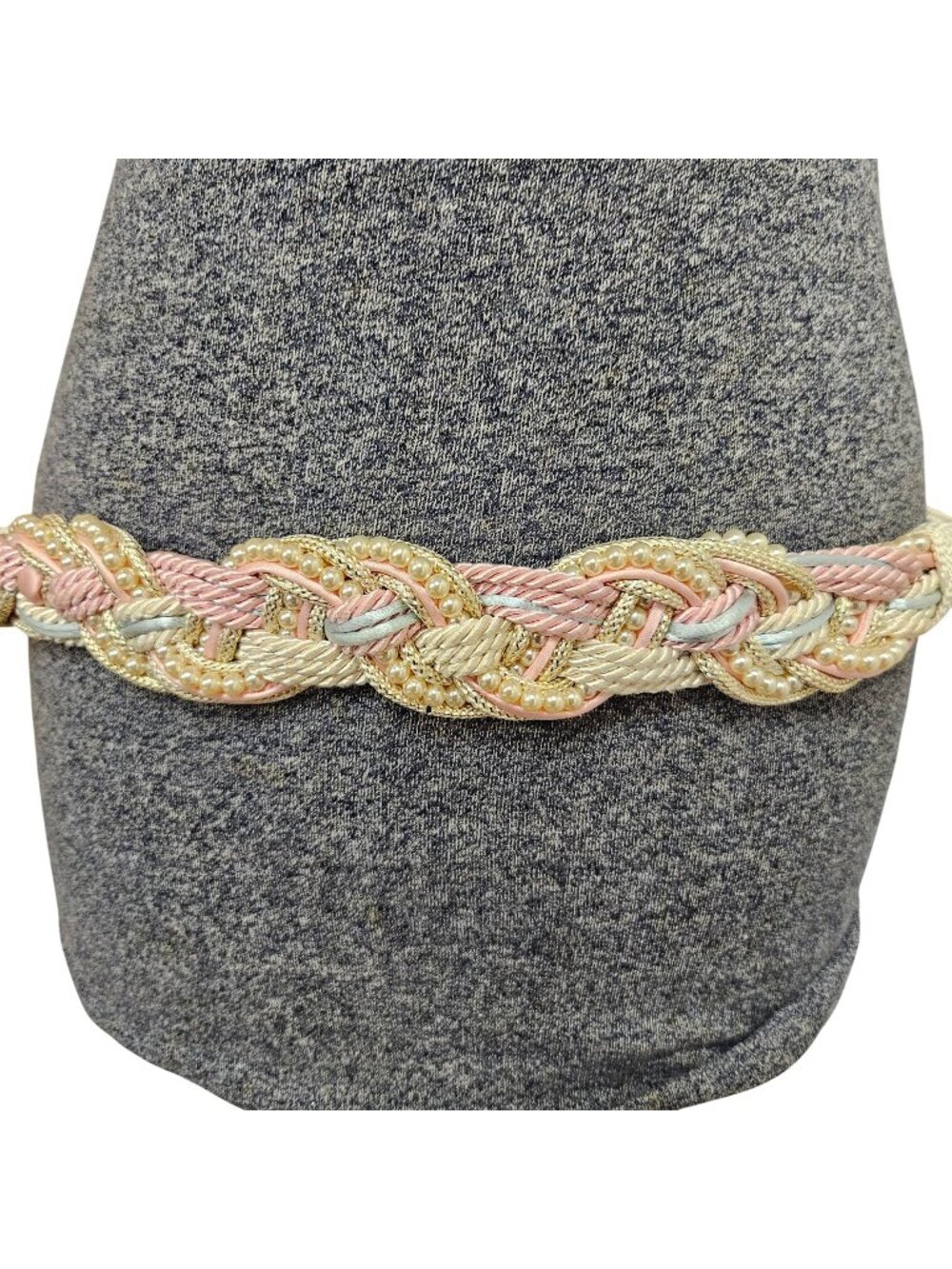 Vintage Braided Cinch Belt Womens Cream Pink Blue Gold Accents Pearl Strand